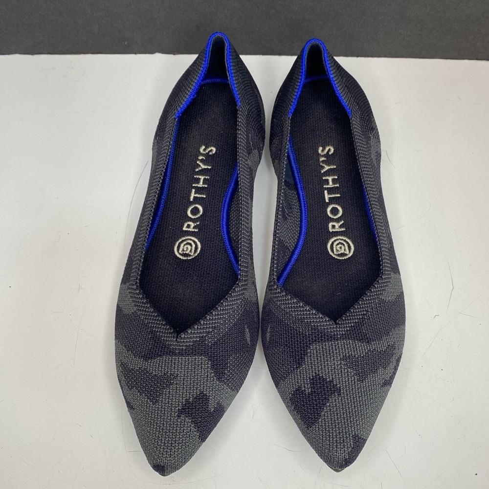Rothy’s Grey Camo Pointed Toe Flats 7.5 Blue Heel Lining/Edging